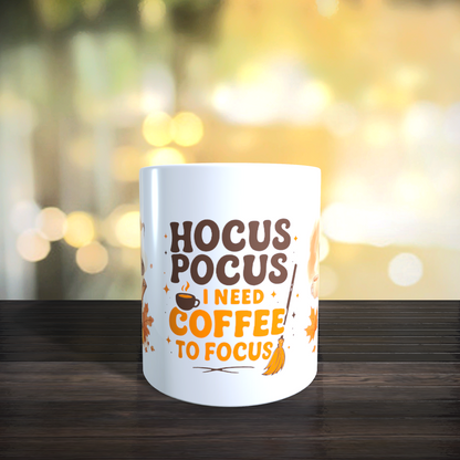 Cană ceramică personalizată „Hocus Pocus – I need coffee to focus” – 330 ml, design fără fundal