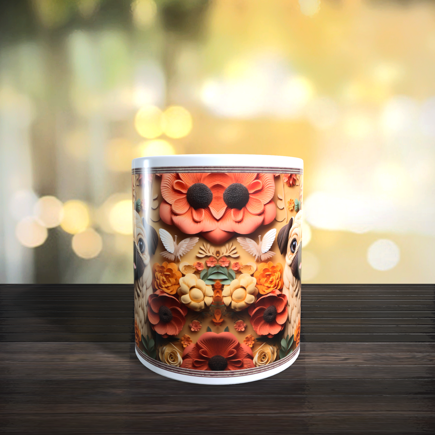 Cană ceramică personalizată „Pug printre flori în tablou” – 330 ml, albă