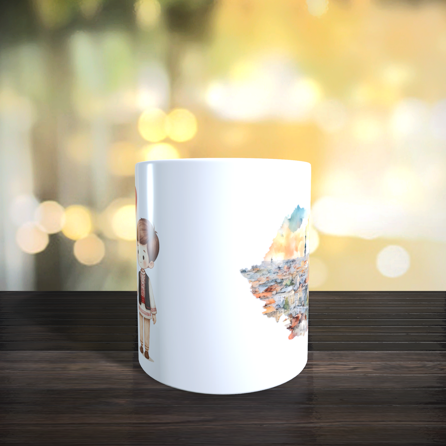 Cană personalizată „România în suflet” – design tradițional cu harta țării și personaje în port popular