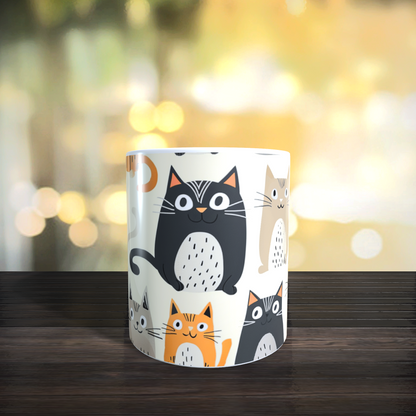 Cană ceramică personalizată „Pisici grafice alb-negru-portocaliu” – 330 ml, albă