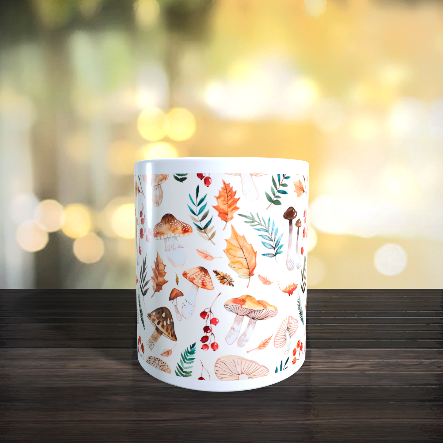 Cană ceramică personalizată „Frunze de toamnă și ciupercuțe” – 330 ml, albă, felicitare cadou!