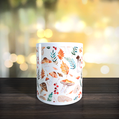 Cană ceramică personalizată „Frunze de toamnă și ciupercuțe” – 330 ml, albă, felicitare cadou!