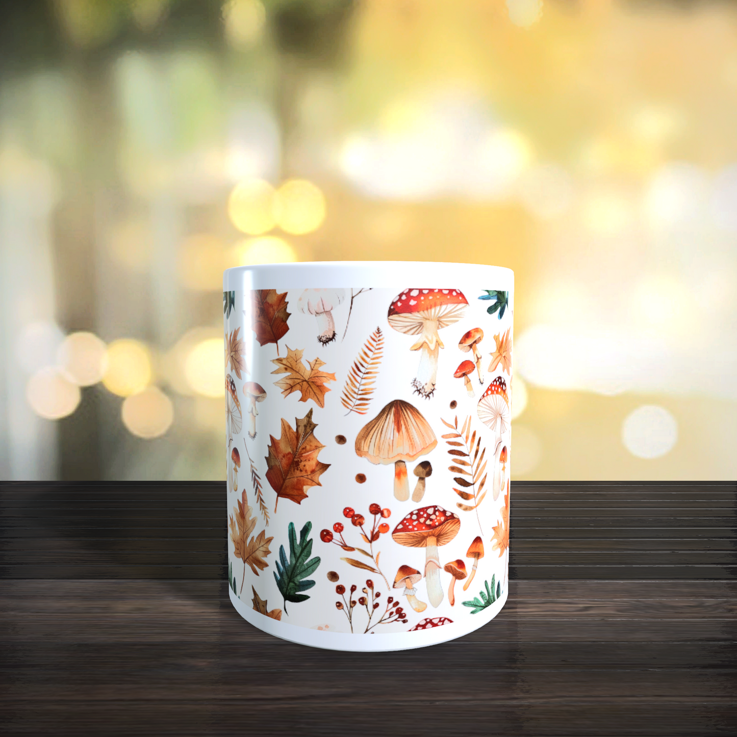 Cană ceramică personalizată „Toamnă cu frunze și ciuperci roșii” – 330 ml, albă