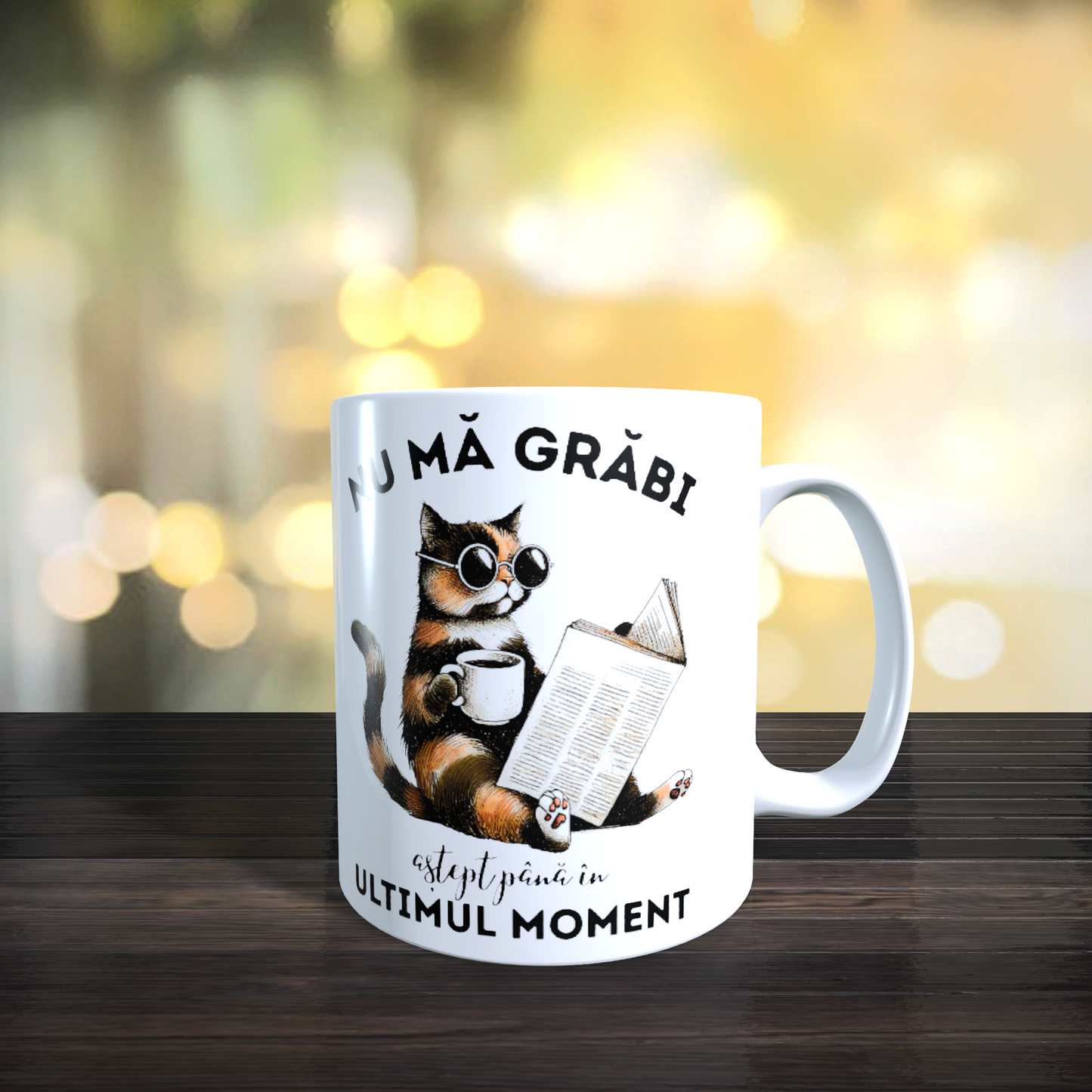 Cană ceramică personalizată „Nu mă grăbi, aștept până în ultimul moment” – 330 ml, albă