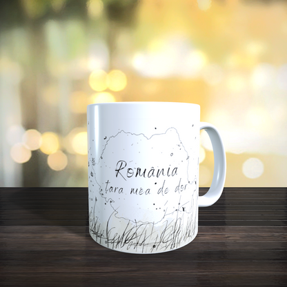 Cană ceramică personalizată „România” – 330 ml, albă - alege mesajul