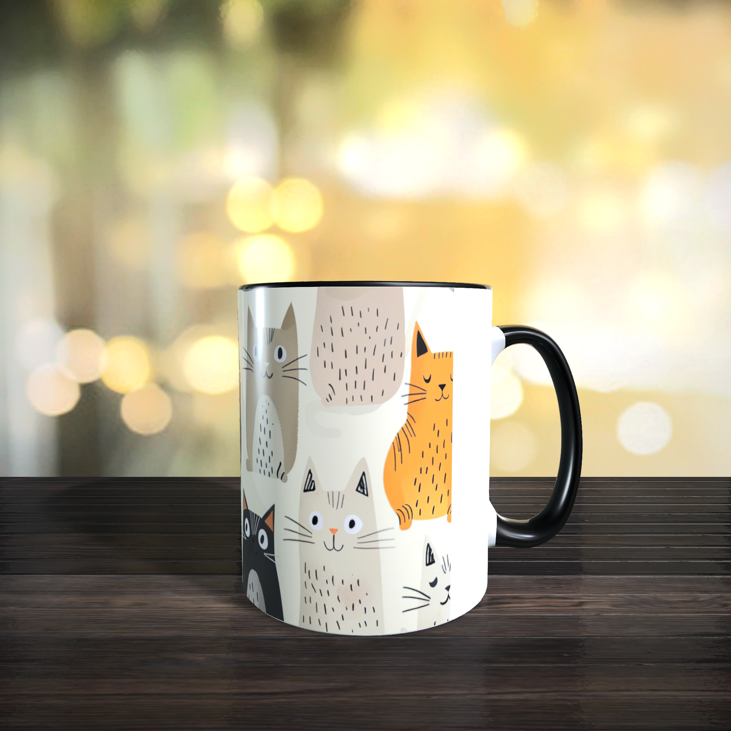 Cană ceramică personalizată „Pisici grafice alb-negru-portocaliu” – 330 ml, albă