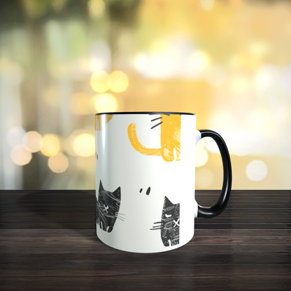 Cană ceramică personalizată „Pisici minimaliste galben-negru” – 330 ml, albă