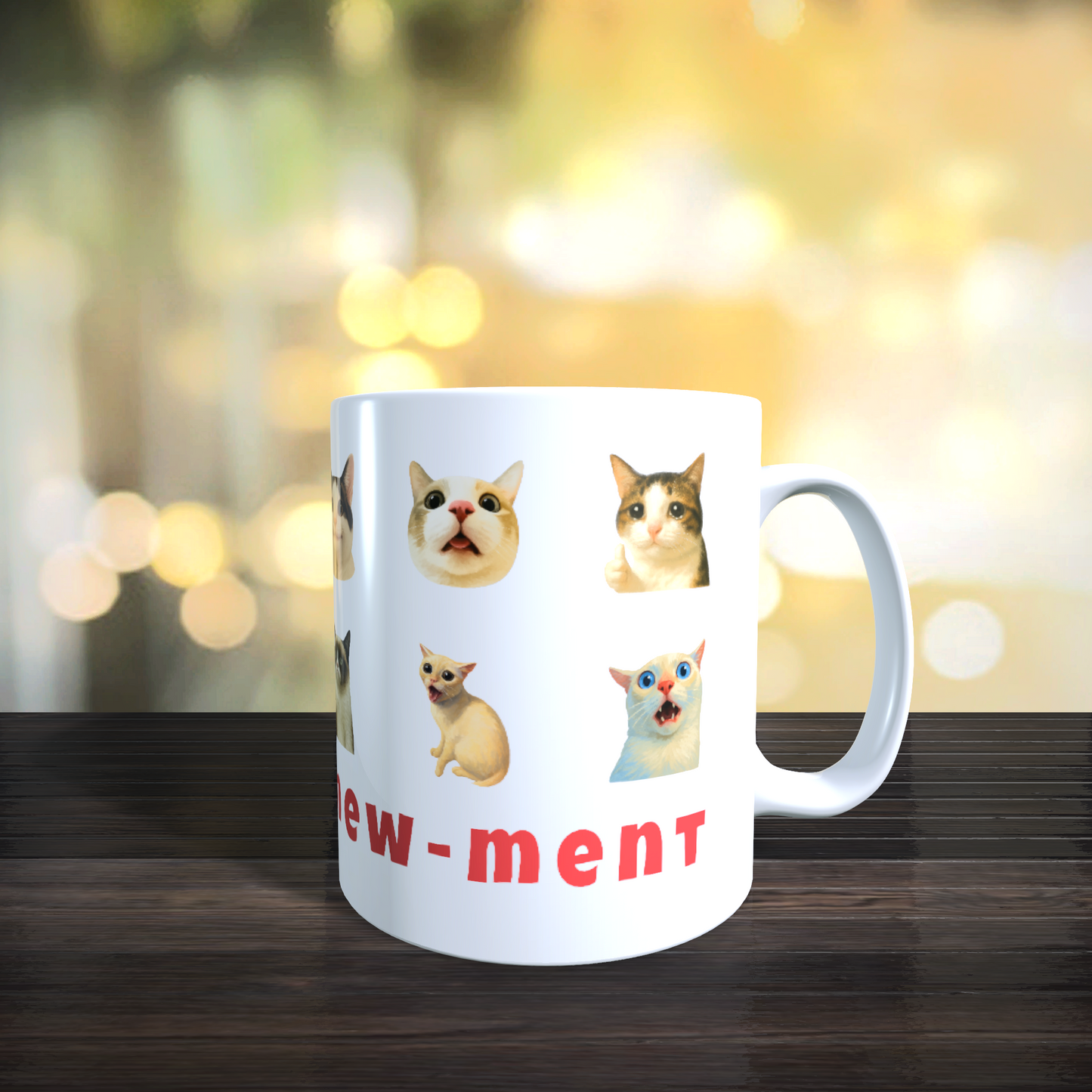 Cana Personalizata cu Pisici Meme „Live in the Mew-ment” – Pisici Funny, Banana Cat, Grumpy Cat, 330ml, alba