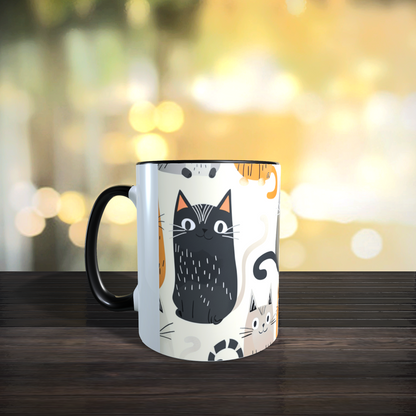 Cană ceramică personalizată „Pisici grafice alb-negru-portocaliu” – 330 ml, albă