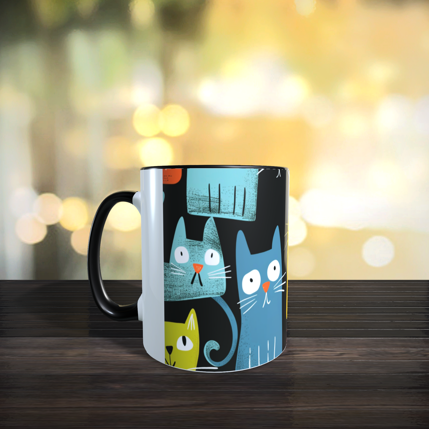 Cană ceramică personalizată „Pisici nebune pe fundal negru” – 330 ml, albă