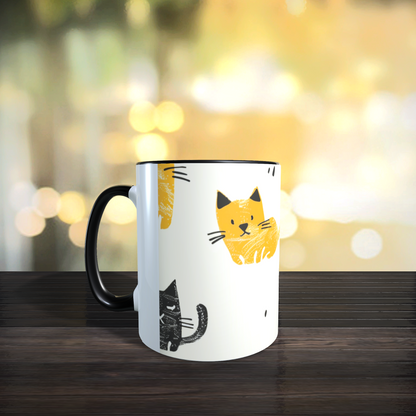 Cană ceramică personalizată „Pisici minimaliste galben-negru” – 330 ml, albă
