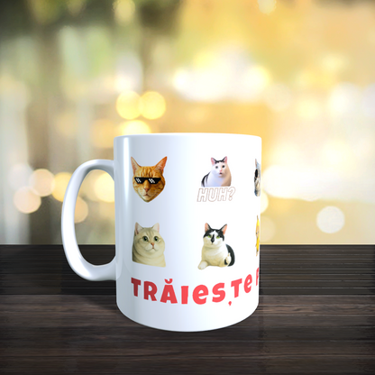 Cana Personalizata cu Pisici Meme „Trăiește pisi-momentul” – Pisici Funny, Banana Cat, Grumpy Cat, 330ml, alba