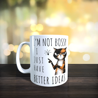 Cană ceramică personalizată „Nu fac pe șefa, doar am idei mai bune” – 330 ml, albă