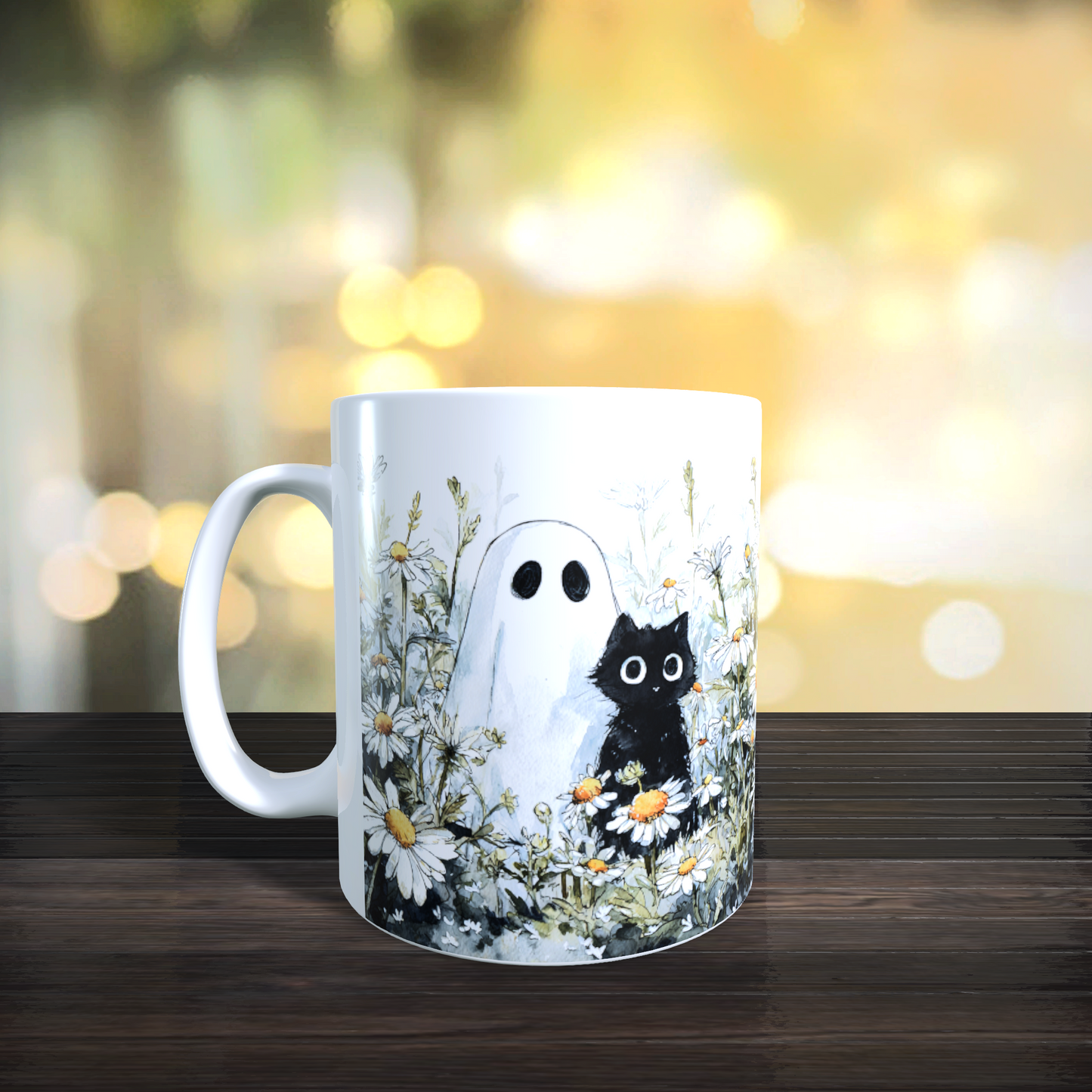 Cană ceramică personalizată „Fantomiță și pisică neagră printre margarete” – 330 ml, albă