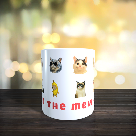 Cana Personalizata cu Pisici Meme „Live in the Mew-ment” – Pisici Funny, Banana Cat, Grumpy Cat, 330ml, alba