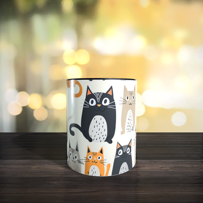 Cană ceramică personalizată „Pisici grafice alb-negru-portocaliu” – 330 ml, albă