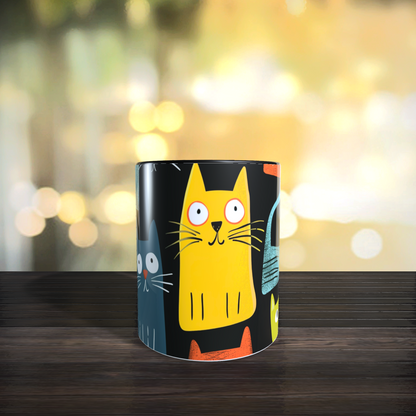 Cană ceramică personalizată „Pisici nebune pe fundal negru” – 330 ml, albă