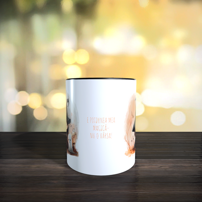 Cană ceramică personalizată „E poțiunea mea magică – nu o vărsa!” – 330 ml, albă, design fără fundal