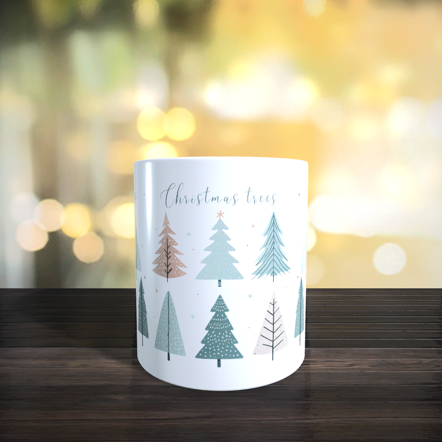 Cană ceramică personalizată „Snowflakes, Christmas Trees, Magic” – 330 ml, albă