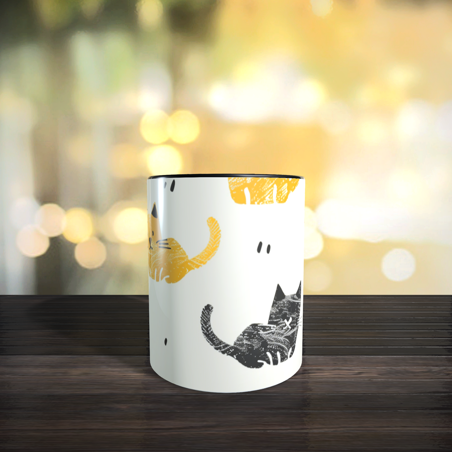 Cană ceramică personalizată „Pisici minimaliste galben-negru” – 330 ml, albă