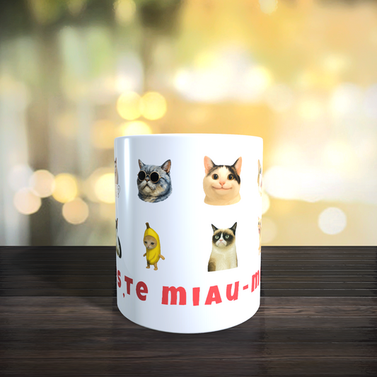 Cana Personalizata cu Pisici Meme „Trăiește miau-mentul” – Pisici Funny, Banana Cat, Grumpy Cat, 330ml, alba