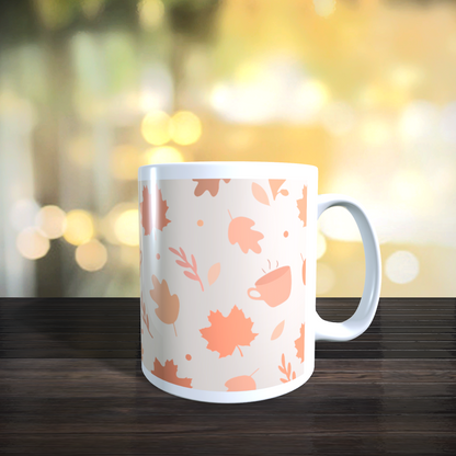 Cană ceramică personalizată „Frunzele cad și cafeaua mă cheamă” – 330 ml, albă