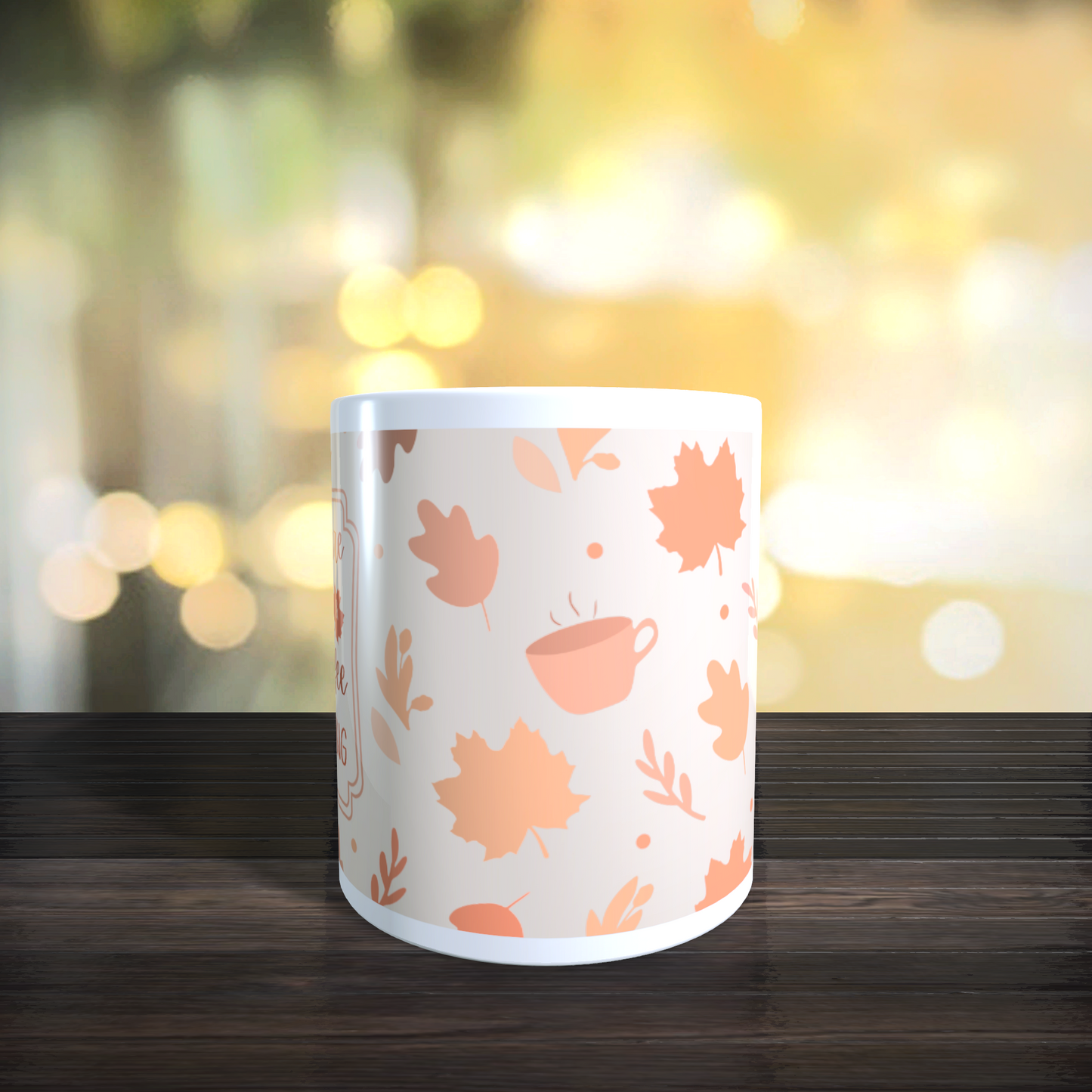 Cană ceramică personalizată „Frunzele cad și cafeaua mă cheamă” – 330 ml, albă