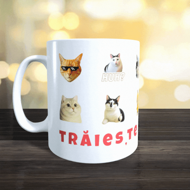 Cana Personalizata cu Pisici Meme „Trăiește miau-mentul” – Pisici Funny, Banana Cat, Grumpy Cat, 330ml, alba