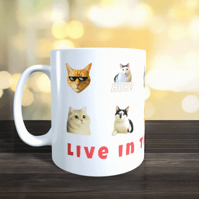Cana Personalizata cu Pisici Meme „Live in the Mew-ment” – Pisici Funny, Banana Cat, Grumpy Cat, 330ml, alba
