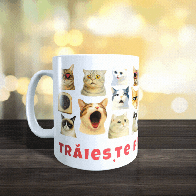 Cana Personalizata cu Pisici Meme „Trăiește pisi-momentul” – Pisici Funny, Banana Cat, Grumpy Cat, 330ml, alba