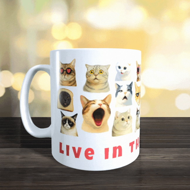 Cana Personalizata cu Pisici Meme „Live in the Mew-ment” – Pisici Funny, Banana Cat, Grumpy Cat, 330ml, alba