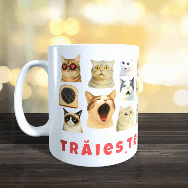 Cana Personalizata cu Pisici Meme „Trăiește miau-mentul” – Pisici Funny, Banana Cat, Grumpy Cat, 330ml, alba