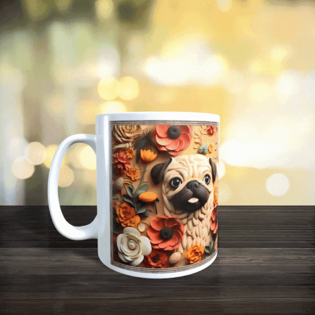 Cană ceramică personalizată „Pug printre flori în tablou” – 330 ml, albă