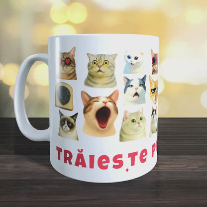 Cană Pisici Meme „Trăiește pisi-momentul” – Grumpy Cat, Banana Cat, Funny Cats, 330 ml