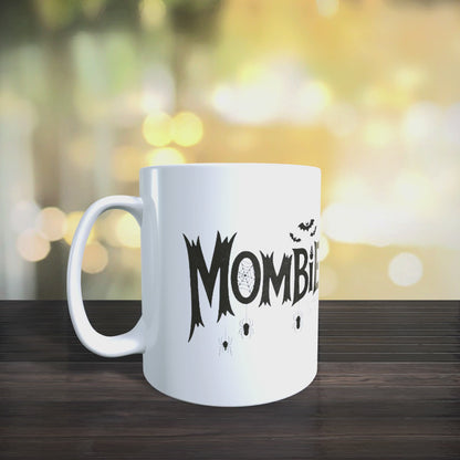Cană ceramică personalizată „Mombie, ca o mamă normală înainte de cafea” – 330 ml, albă