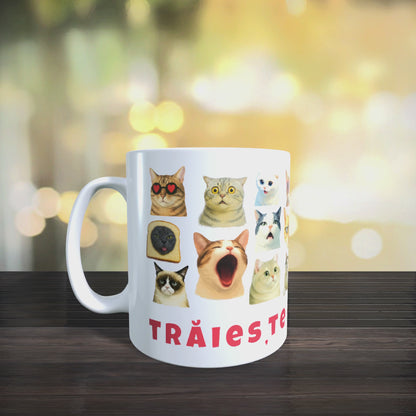 Cana Personalizata cu Pisici Meme „Trăiește miau-mentul” – Pisici Funny, Banana Cat, Grumpy Cat, 330ml, alba