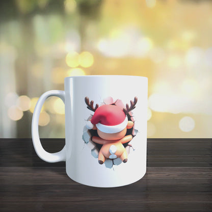 Cană ceramică personalizată „Renul poznaș 3D” V2 – 330 ml, albă