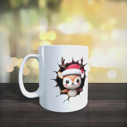 Cană ceramică personalizată „Renul poznaș 3D” V1 – 330 ml, albă