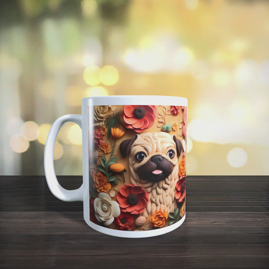 Cană ceramică personalizată „Pug printre flori” – 330 ml, albă