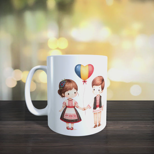 Cană personalizată „România înflorită” – design cu port popular și hartă florală tricoloră