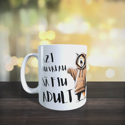 Cană ceramică personalizată „Azi nu vreau să fiu adult” – 330 ml, albă