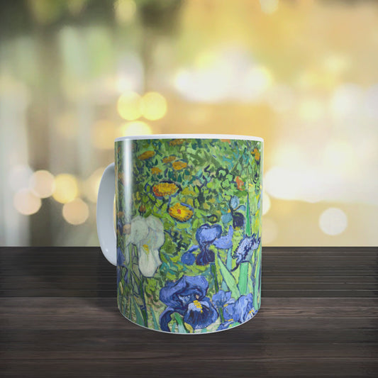 Cană ceramică „Vincent van Gogh – Iriși” – 330 ml, albă