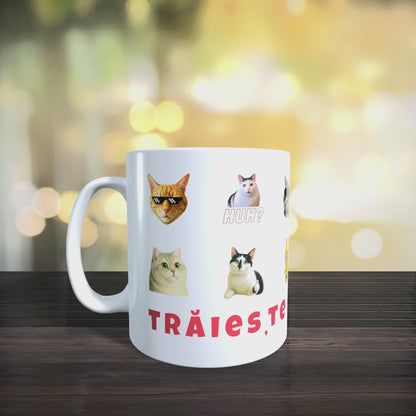 Cana Personalizata cu Pisici Meme „Trăiește miau-mentul” – Pisici Funny, Banana Cat, Grumpy Cat, 330ml, alba