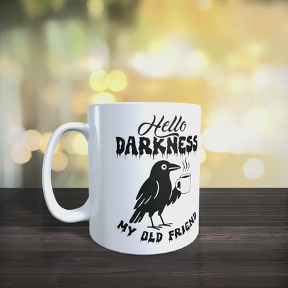 Cană ceramică personalizată „Hello darkness my old friend” – 330 ml, albă