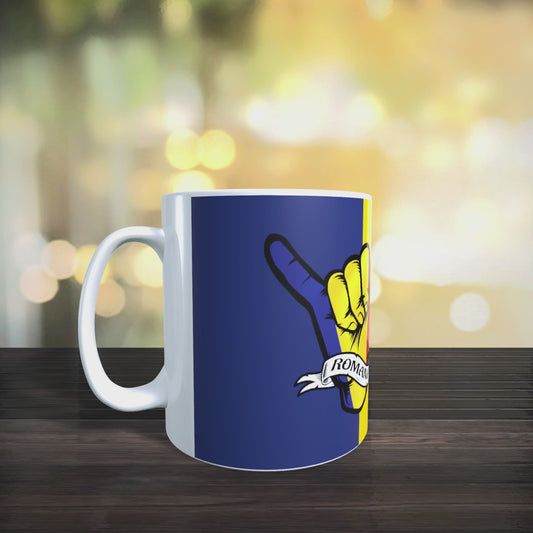 Cană personalizată „Salut din România” – design tricolor modern, 330 ml, albă