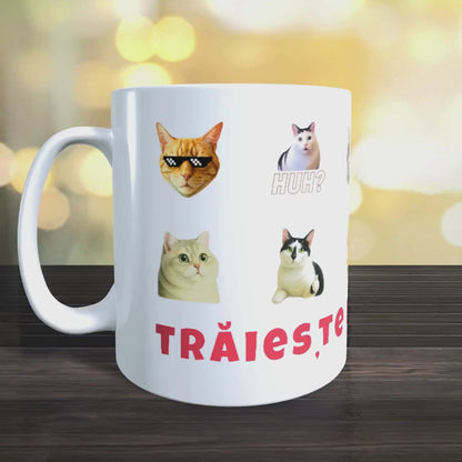 Cană Pisici Meme „Trăiește pisi-momentul” – Grumpy Cat, Banana Cat, Funny Cats, 330 ml