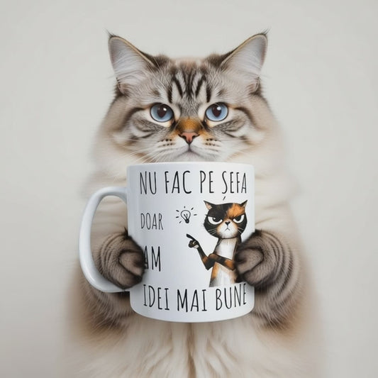 Cană ceramică personalizată „Nu fac pe șefa, doar am idei mai bune” – 330 ml, albă