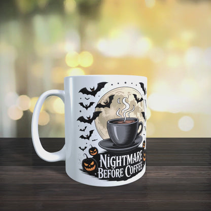 Cană ceramică personalizată „Coșmarul dinainte de cafea” – 330 ml, albă