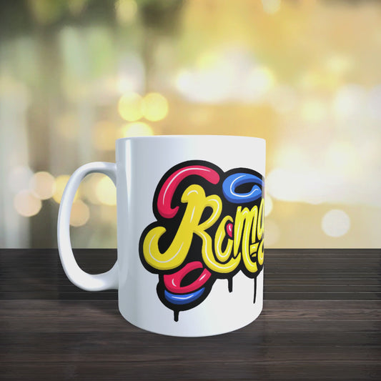 Cană personalizată „România din inimă” – design tricolor modern, 330 ml, albă