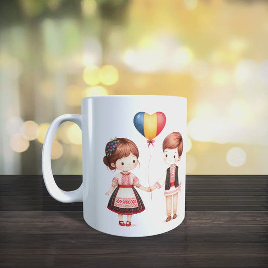 Cană personalizată „România Tradițională” – cuplu în port popular & peisaj românesc